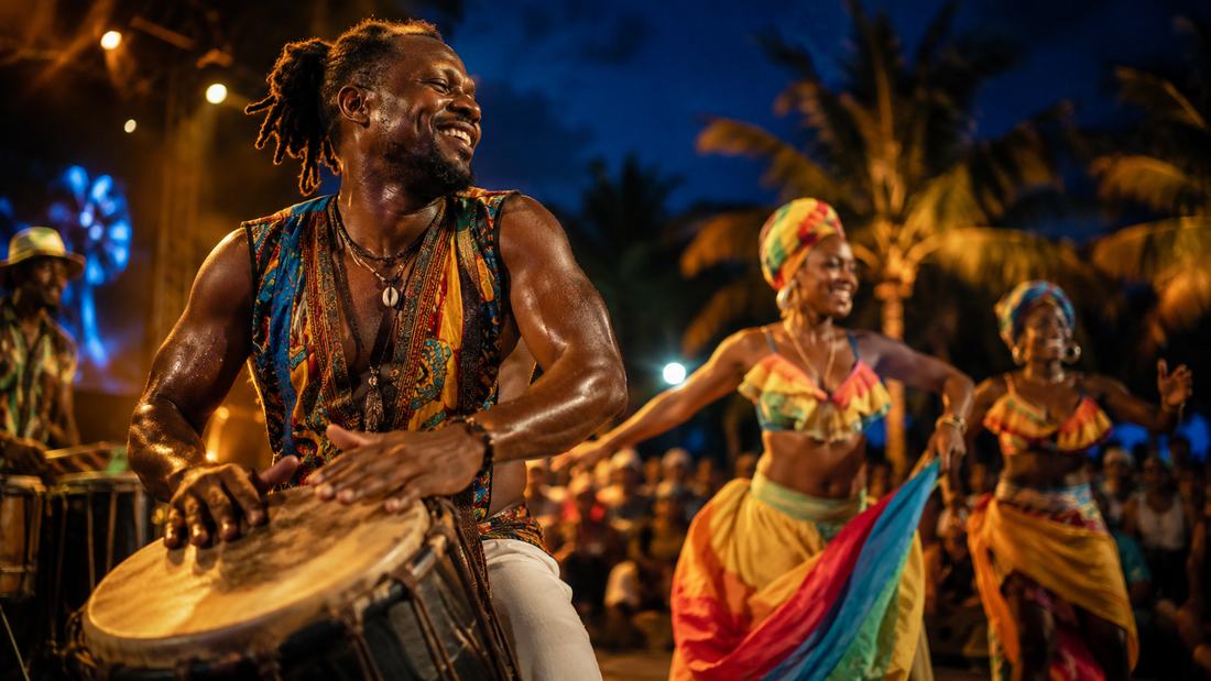 Percussionniste et danseuses en costumes traditionnels