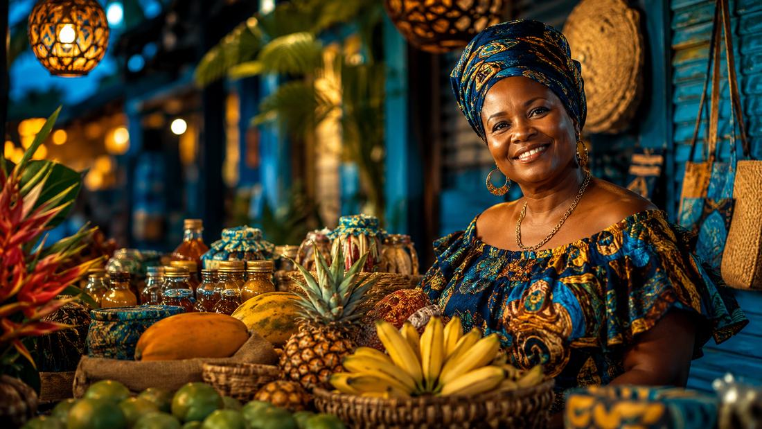 Marchande et étal de fruits, artisanat guadeloupéen